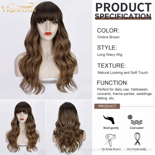Vigorous Cheap Price Curly Mono Brown Body Wave Hair Heat Resistant Fiber For Women Synthetic Wig With Neat Bang